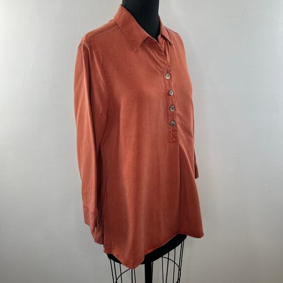 Soft Surroundings Orange Blouse Tencel Back-Button Collared Side Slit Large L - Picture 3 of 7